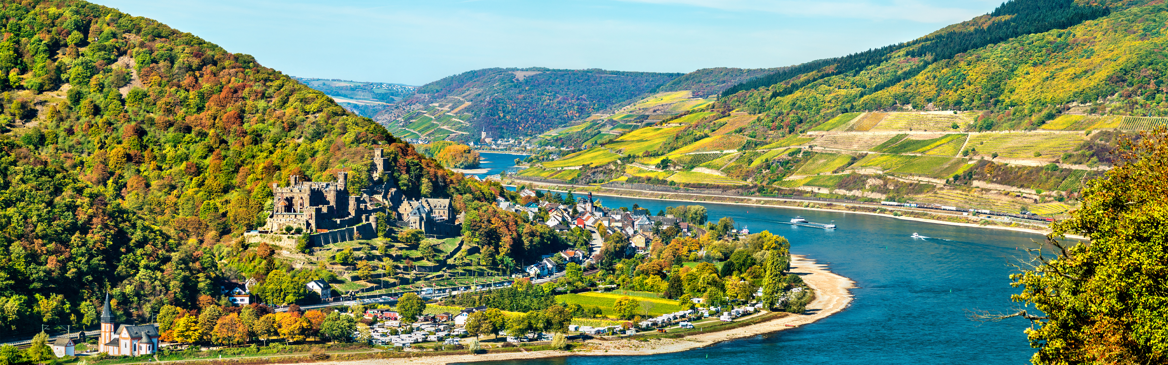 A luxurious river cruise boat gliding past European vineyards